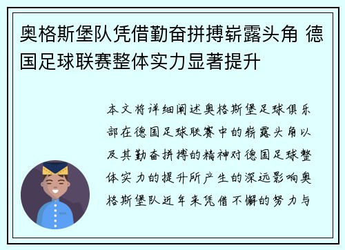 奥格斯堡队凭借勤奋拼搏崭露头角 德国足球联赛整体实力显著提升