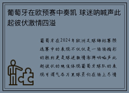 葡萄牙在欧预赛中奏凯 球迷呐喊声此起彼伏激情四溢