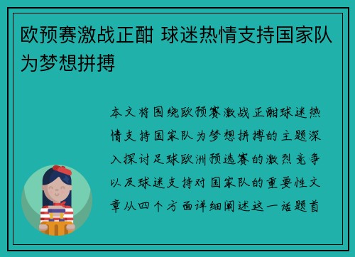 欧预赛激战正酣 球迷热情支持国家队为梦想拼搏